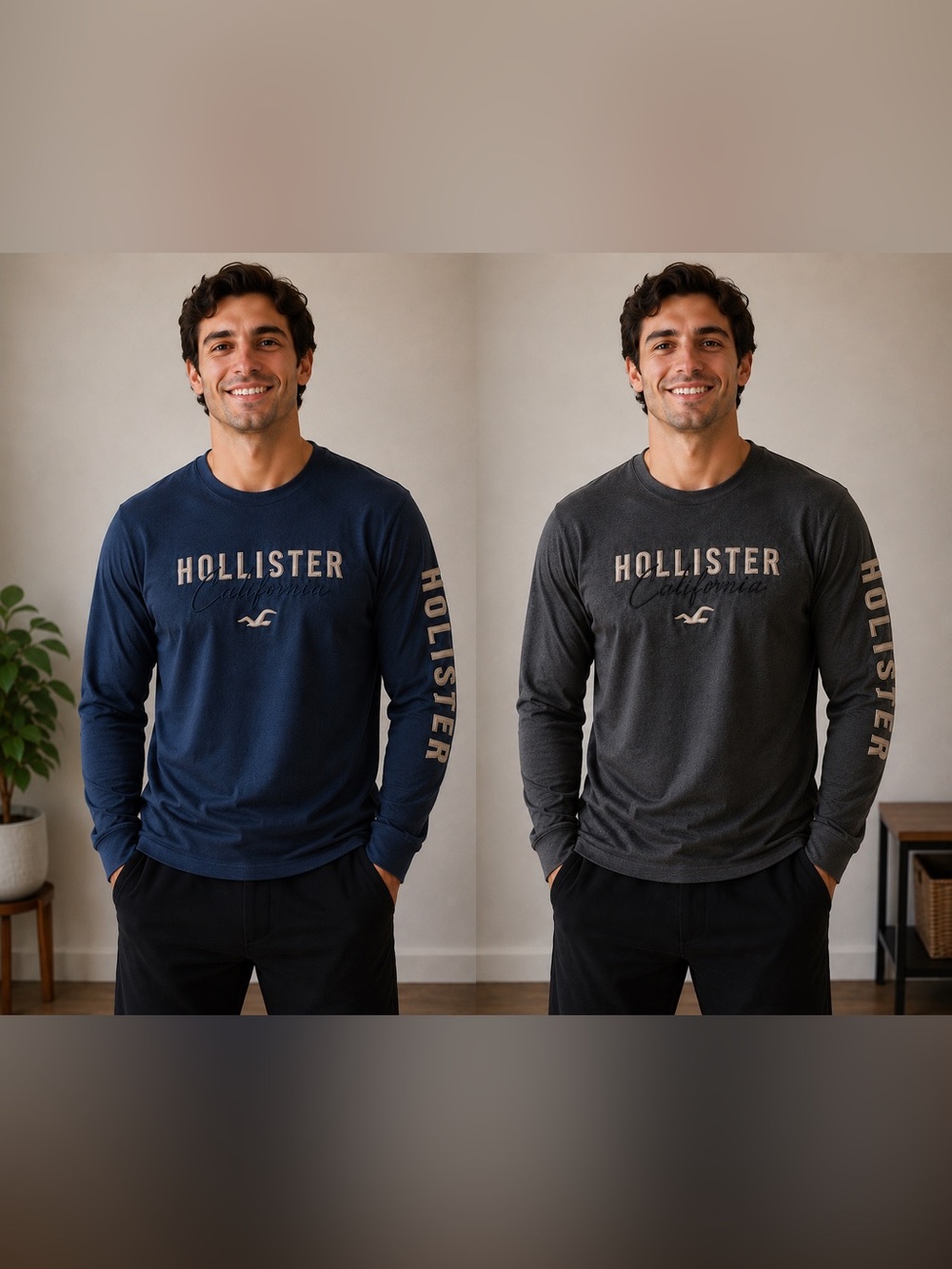 Bundle of 2 Hollister Men's Long Sleeve Crewnecks, Navy and Gray.